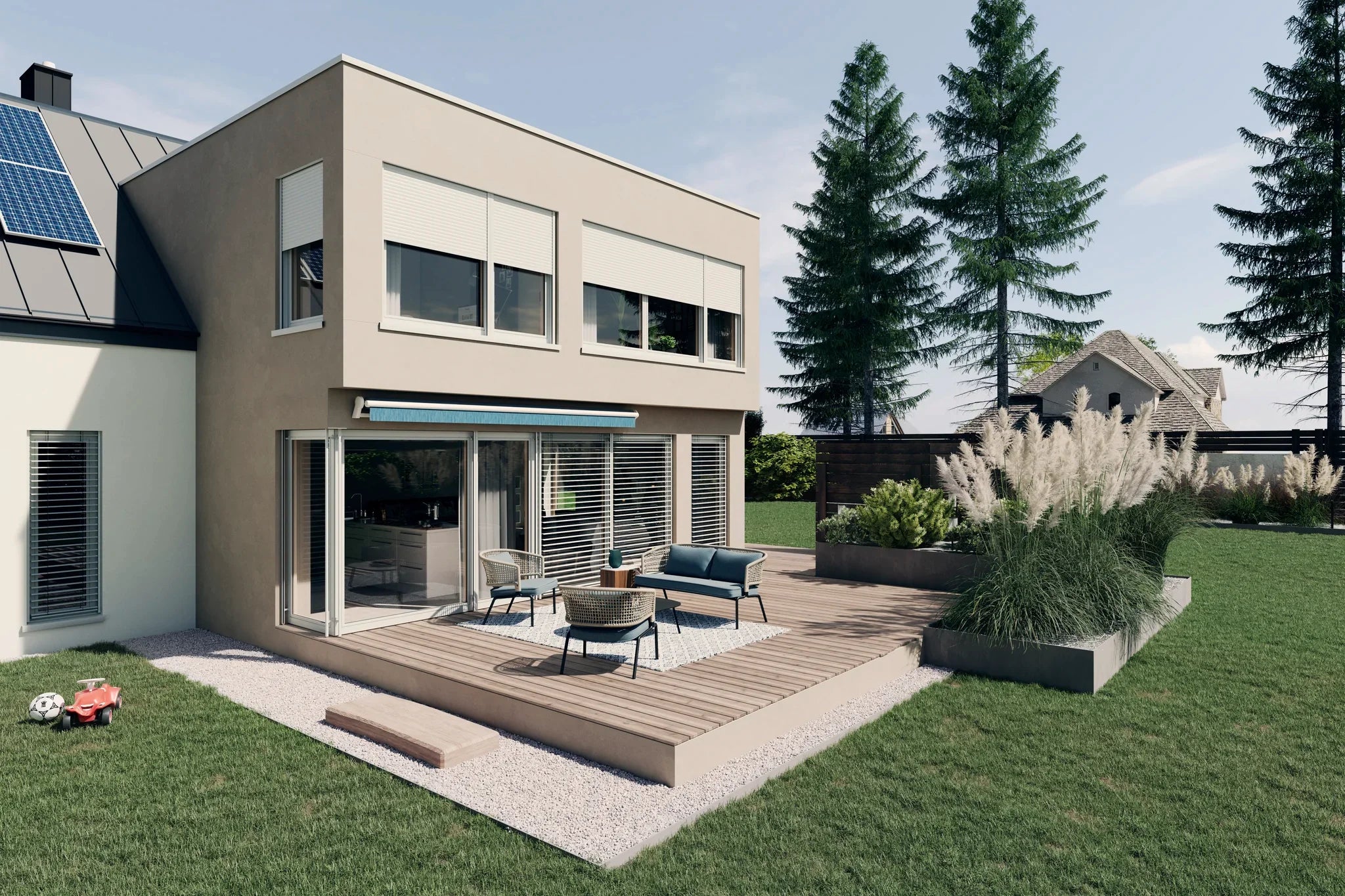 Moderne Terrasse mit Holzdeck, Outdoor-Lounge und Pflanzbeeten im gepflegten Garten hinter einem Einfamilienhaus bei Sonnenschein.