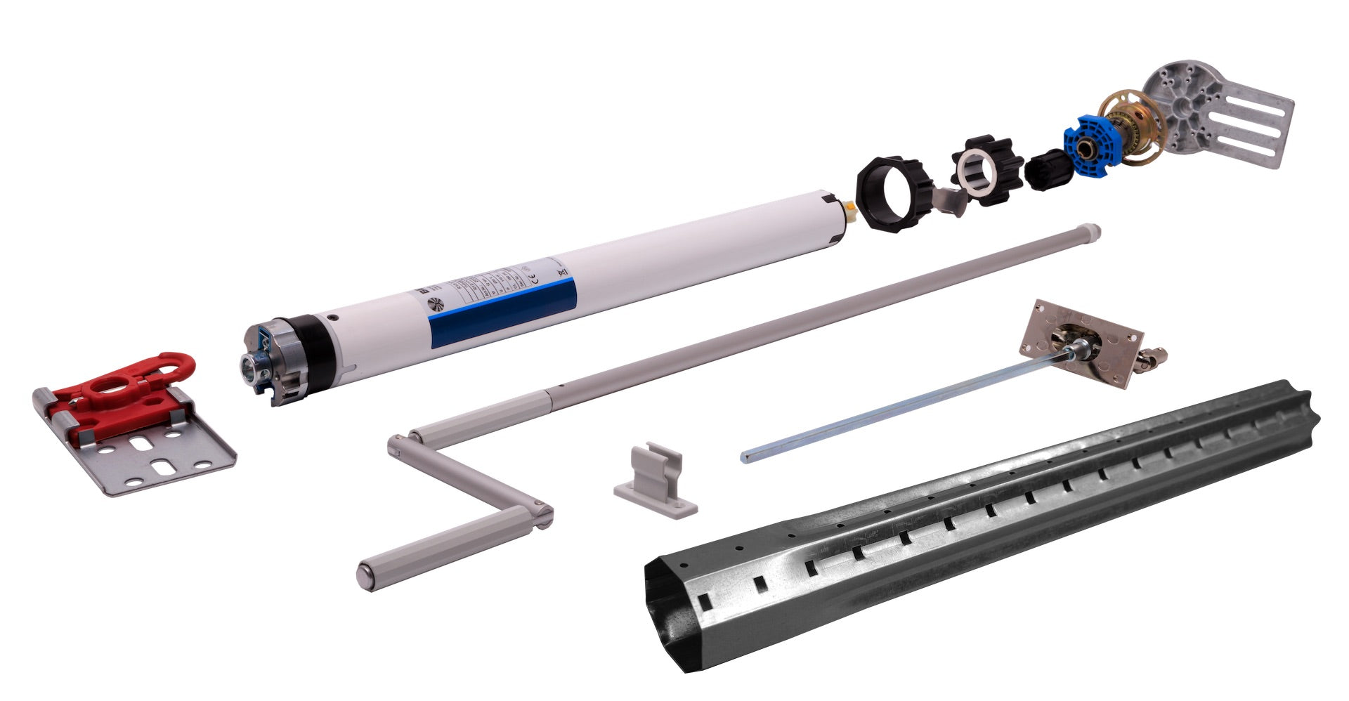 Einzelteile und Komponenten für Markisen, darunter Rohrmotor, Kurbelgetriebe, Wellenlager, Gurtwickler und Montagematerial.