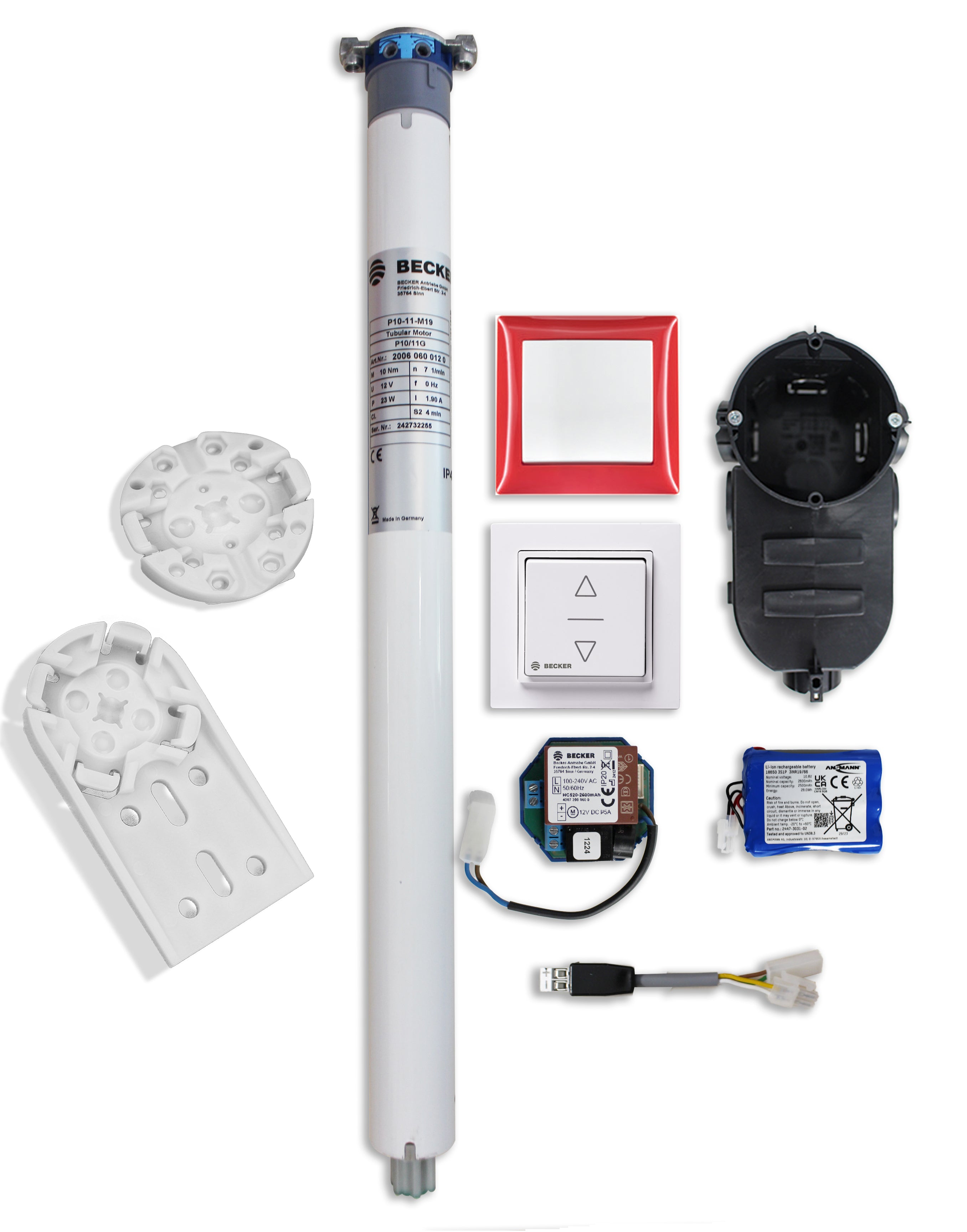 Set mit Rollladenmotor, Wandtaster, Steuerungseinheit, Akku, Adapter und Befestigungsteilen der Marke BECKER zur Rollladenautomation.
