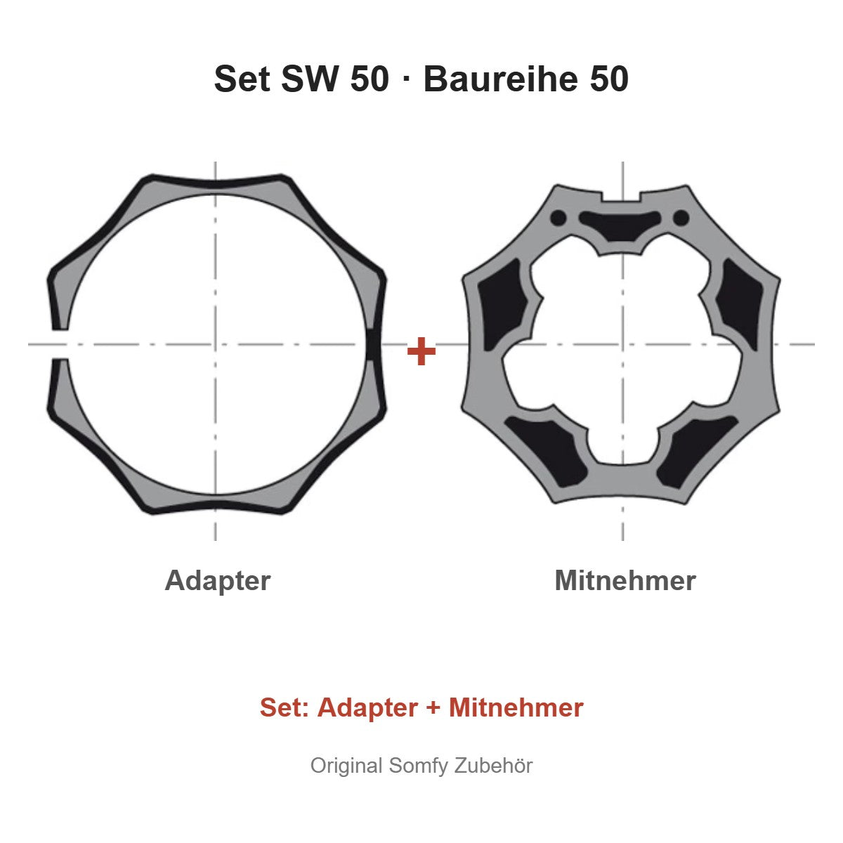 Somfy Adapter + Mitnehmer Set SW 50 für Baureihe 50 – Adapter und Mitnehmer